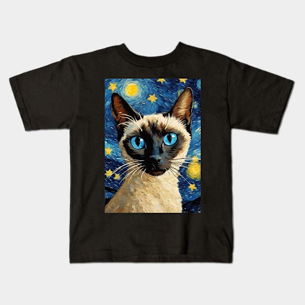 Adorable Siamese Cat Breed Painting in a Van Gogh Starry Night Art Style Kids T-Shirt by Art-Jiyuu